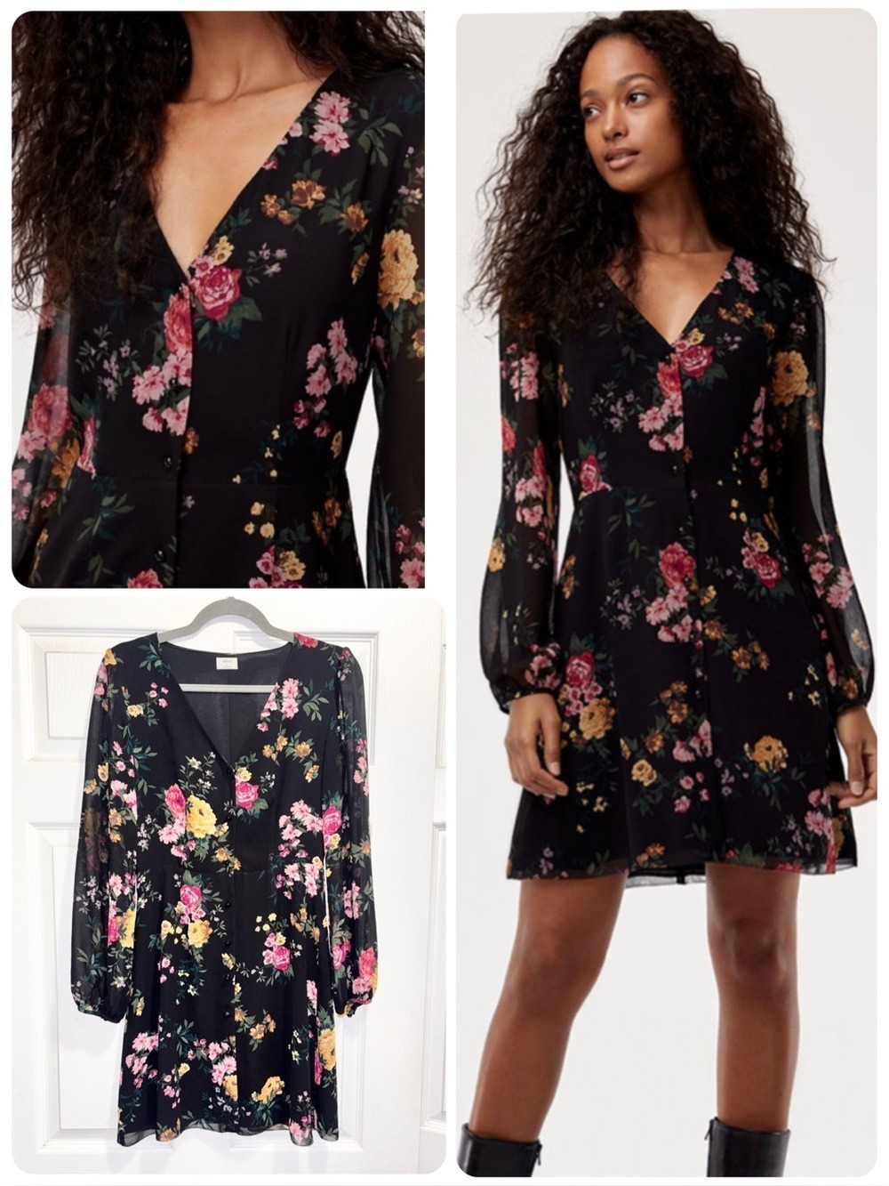Aritzia Wilfred Nazaire Mini Dress Black Floral Long Sleeve Button Front Size 0